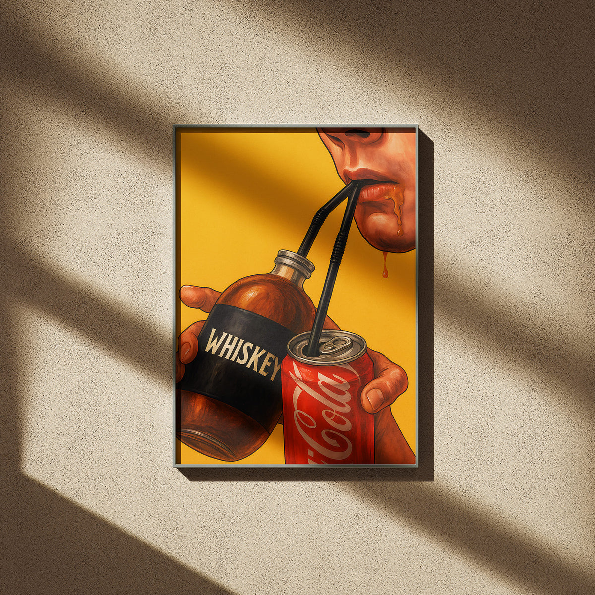 Whiskey & Cola - Durstlöscher Poster, gerahmt an einer sonnigen Wand mit weichen Schatten