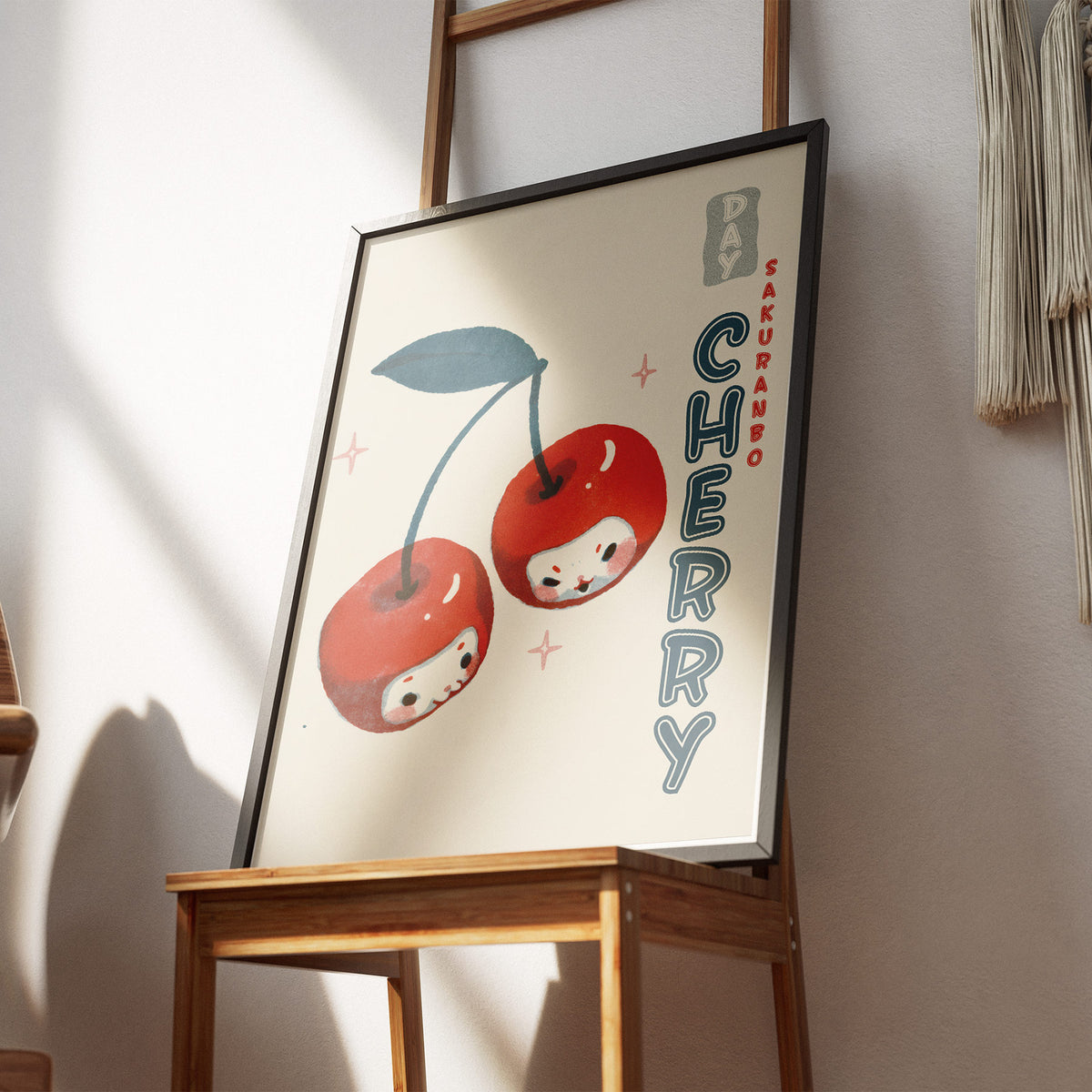 Kirschen Tag - Kawaii Sakuranbo Poster, gerahmt an einer Wand über einem Stuhl