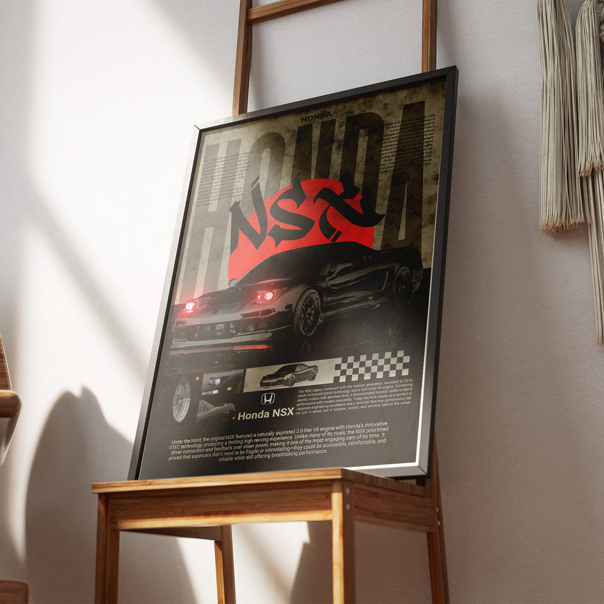 Japanischer Supersportwagen - Honda NSX Poster, gerahmt an einer Wand über einem Stuhl