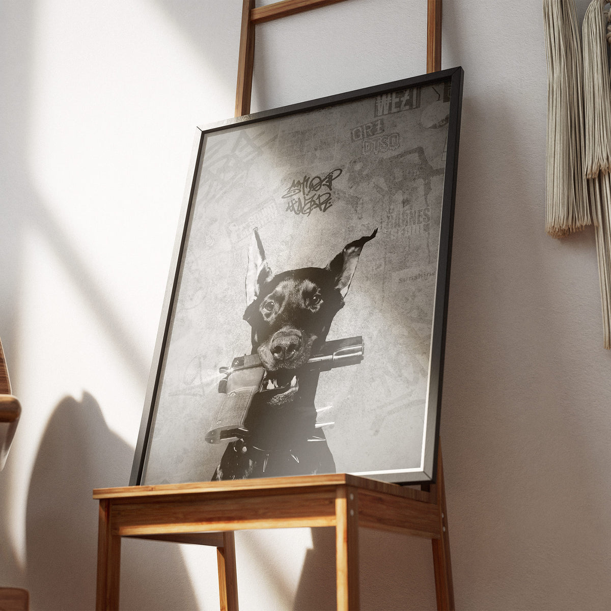 Wächter der Strasse - Watch Dog Poster, gerahmt an einer Wand über einem Stuhl